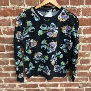 Rick and Morty Mens Black All Over Print Skulls Sweater Size Small Long Sleeve